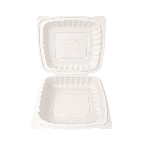9" x 9" White TFPP Plastic Clamshell To-Go Container​ - (120/Case)
