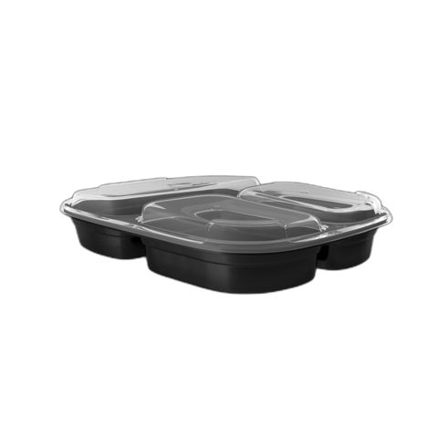 9'' Microwave‑Safe  Black PP 3-Compartment Container – Heavy‑Duty, Clear Lid – (150/Case)