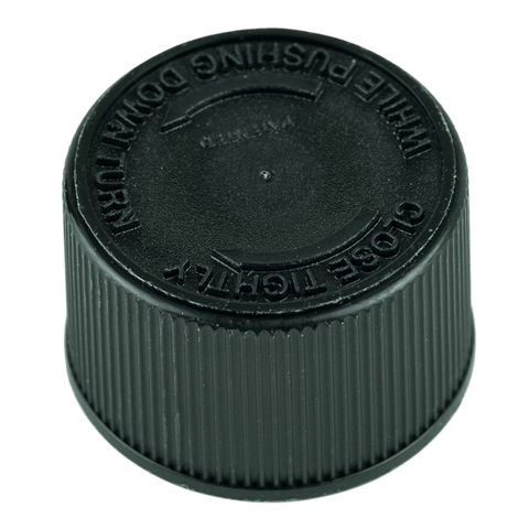 Black CRC (Child Resistant Closure) Cap 24-400 Push & Turn Text .035" Pulp HS-035 (3200/Case)