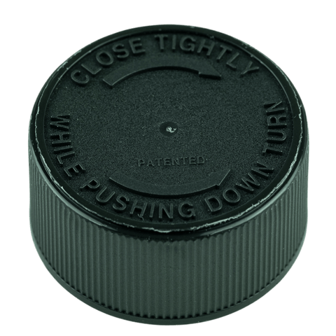 Black CRC (Child Resistant Closure) Cap 28-400 Push & Turn Text .035" Pulp HS-035 (2600/Case)