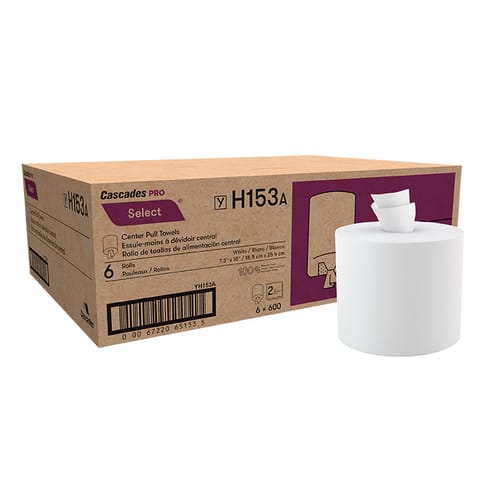 Cascades PRO Select White Centerpull Paper Towel Roll, 2-Ply, 7 3/10" × 10" 600 Sheets/Roll - (6/Case) H153