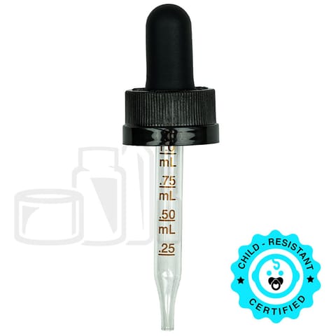 CRC (Child Resistant Closure) Dropper - Black with Measurement Markings on Pipette - 65mm 20-400 (1400/Case)