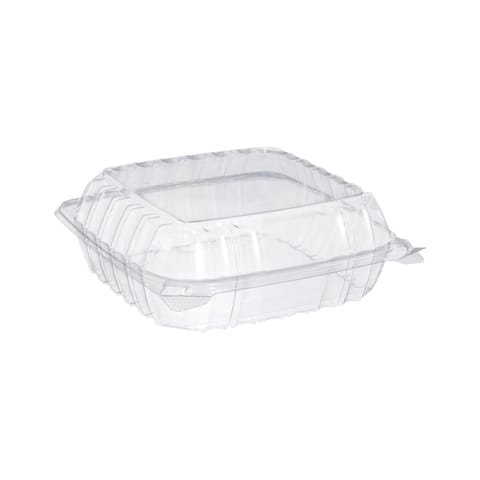 Dart ClearSeal C90PST1 Clear Hinged Lid PS Plastic Container, 8 1/4" x 8 1/4" x 3" - (250/Case)