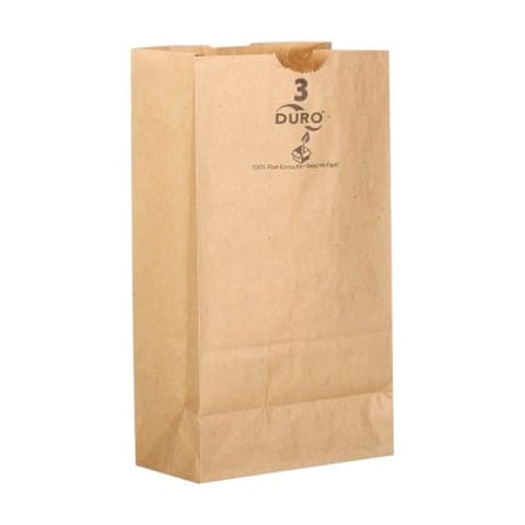 Duro Dubl Life 3 lb. Recycled Kraft Paper Grocery Bag, 30#BW - (500/Case) 18403