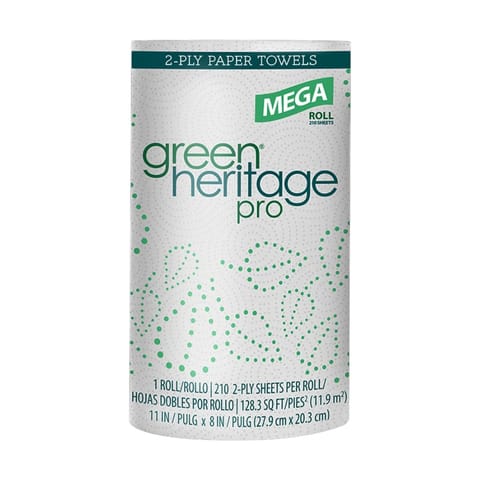Green Heritage Pro White Mega Kitchen Paper Towel Roll, 2-Ply, 11" x 8", 210 Sheets/Roll - (12/Case) 223210