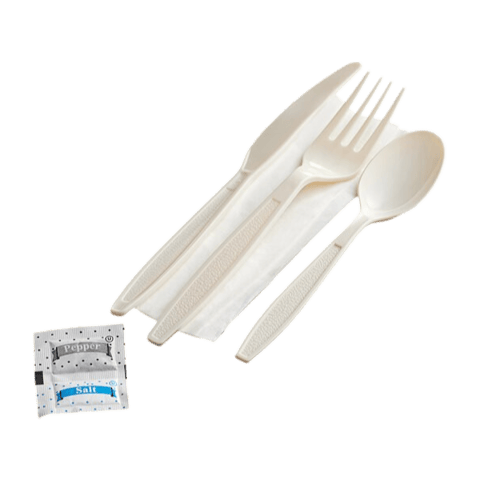 Heavy Weight Beige Wrapped PP Plastic Cutlery Kit - Fork, Knife, Spoon, Napkin, Salt & Pepper - (250/Case)