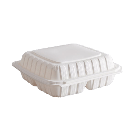 9" x 9" x 3" White Mineral-Filled Plastic Hinged Container, 3-Compartment  - (150/Case)