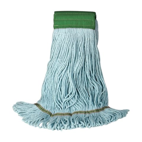 O'Dell Blue Cotton/Synthetic Blend Looped-End Wet Mop Head with 5" Green Headband, Medium - (12/Case) 400M/Blue