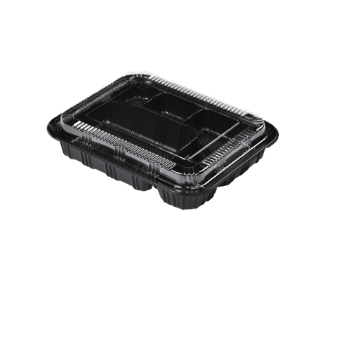 Rectangular Black 3-Compartment Plastic Bento Box Set 9.3" x 7.5" x 1.9" - (252/Case)