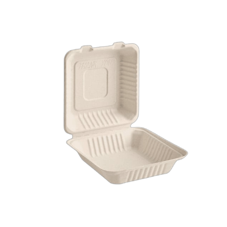 8" x 8" x 2.5" Sugarcane Bagasse Clamshell Light Brown Take-Out Container - (200/Case)