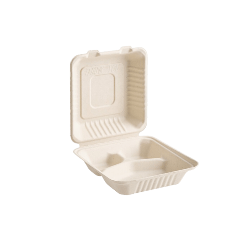 8" x 8" x 2.5" Sugarcane Bagasse Clamshell Light Brown 3-Compartment Take-Out Container - (200/Case)