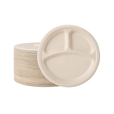 10" Light Brown Sugarcane Bagasse Blend 3 Compartment Plate - (500/Case)