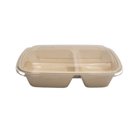 24 oz Sugarcane Bagasse Light Brown 2-Compartment Container with Plastic Lid - (150/Case)