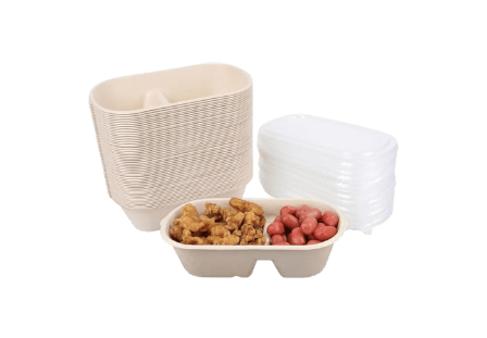 32 oz Sugarcane Bagasse Light Brown 2-Compartment Container with Plastic Lid - (150/Case)