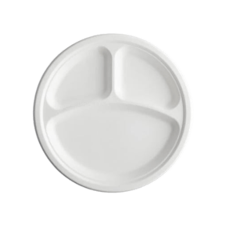 10" White Sugarcane Bagasse Round Plate with 3-Compartment - (500/Case)