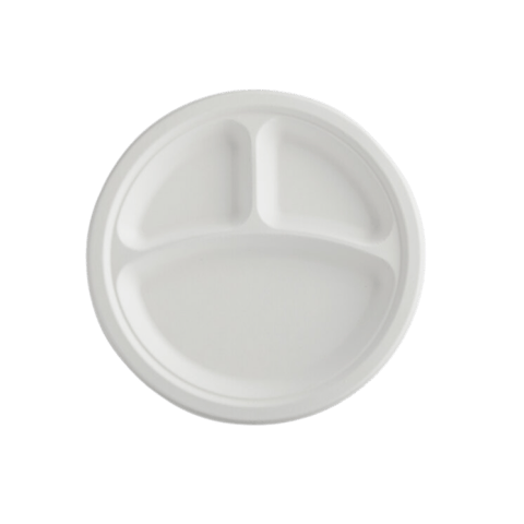 9" White Sugarcane Bagasse Round Plates with 3-Compartment - (500/Case)